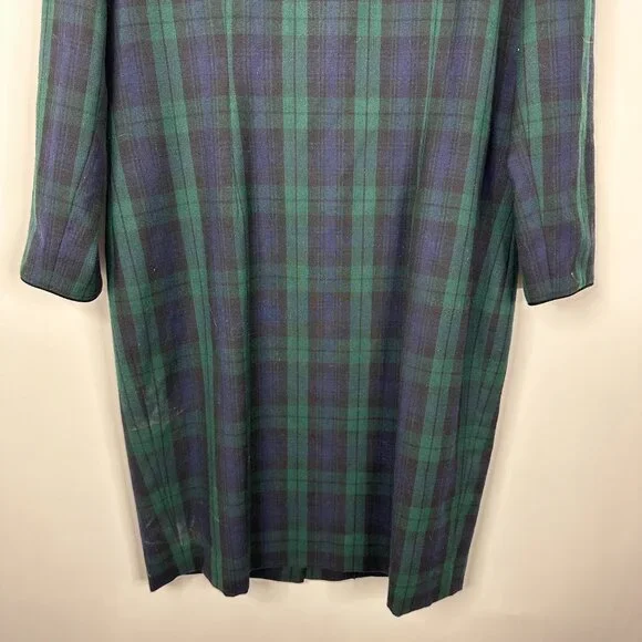 Vintage Brooks Brothers Flannel Plaid Shift Midi Dress Frock Green Blue Wool 14 - Picture 5 of 14